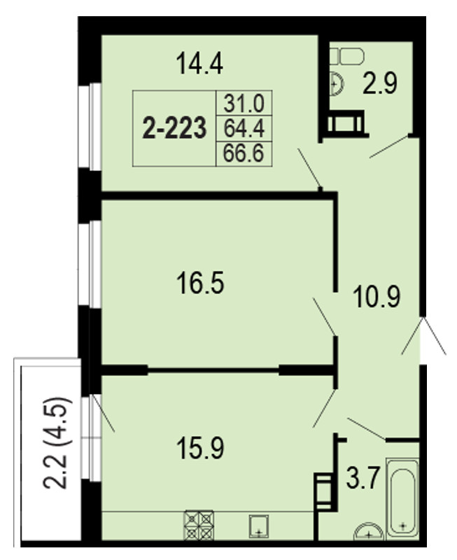 2-комнатная, 67 м² — ЖК ЖК Жемчужный берег