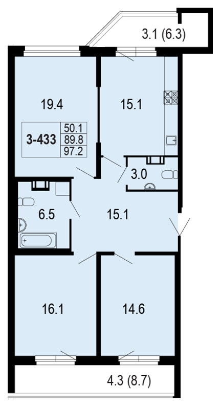 3-комнатная, 97 м² — ЖК ЖК Жемчужный берег