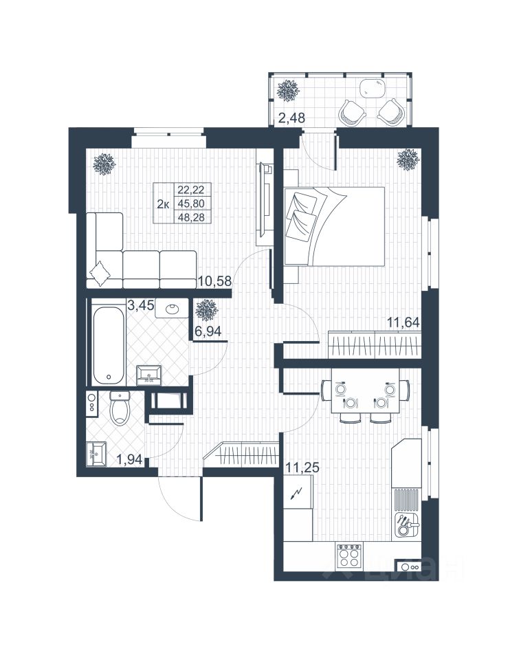 2-комнатная, 46.54 м² — ЖК ЖК Ново-Антропшино