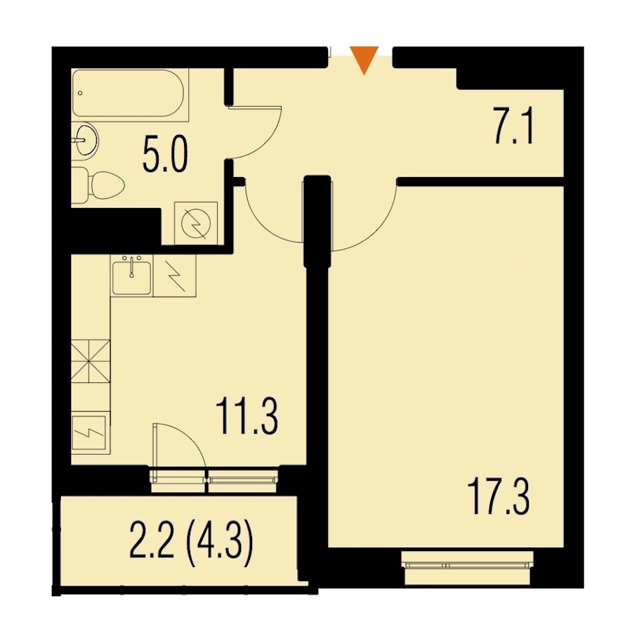 1-комнатная, 44 м² — ЖК ЖК Жемчужный Каскад