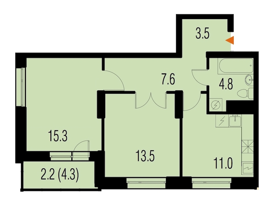 2-комнатная, 59 м² — ЖК ЖК Жемчужный Каскад