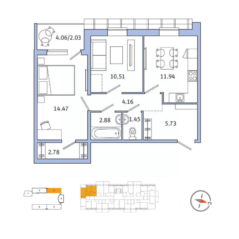 2-комнатная, 53.3 м² — ЖК ЖК Юттери