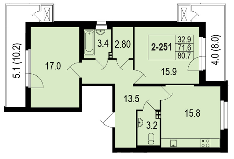 2-комнатная, 81 м² — ЖК ЖК Жемчужный берег