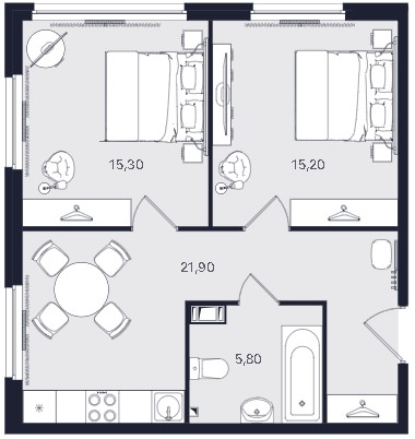2-комнатная, 58.2 м² — ЖК ЖК «Апартаменты Интуит (IN2IT)»