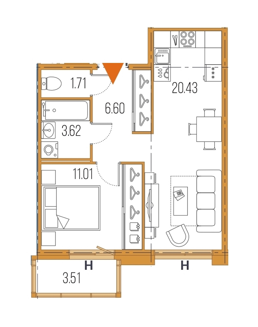 1-комнатная, 43 м² — ЖК ЖК Legenda Героев