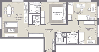 3-комнатная, 92 м² — ЖК ЖК Коллонтай, 2