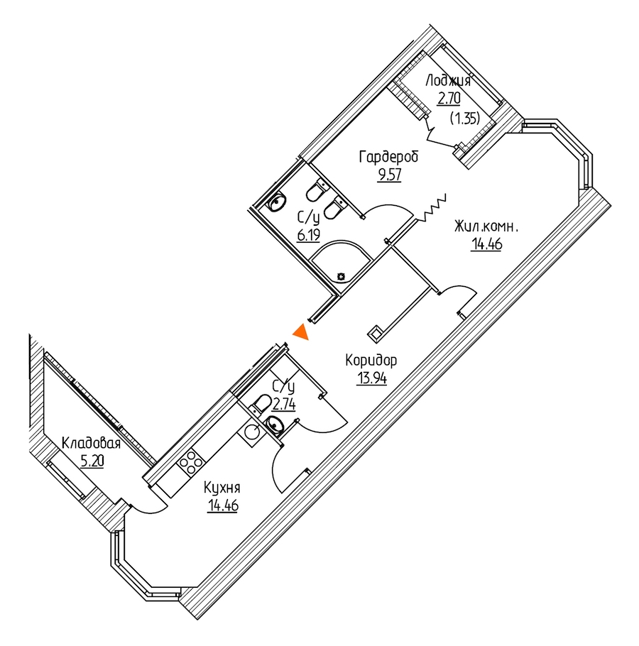 1-комнатная, 68 м² — ЖК ЖК Новое Купчино