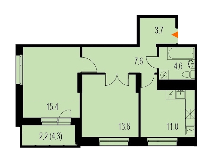 2-комнатная, 58 м² — ЖК ЖК Жемчужный Каскад