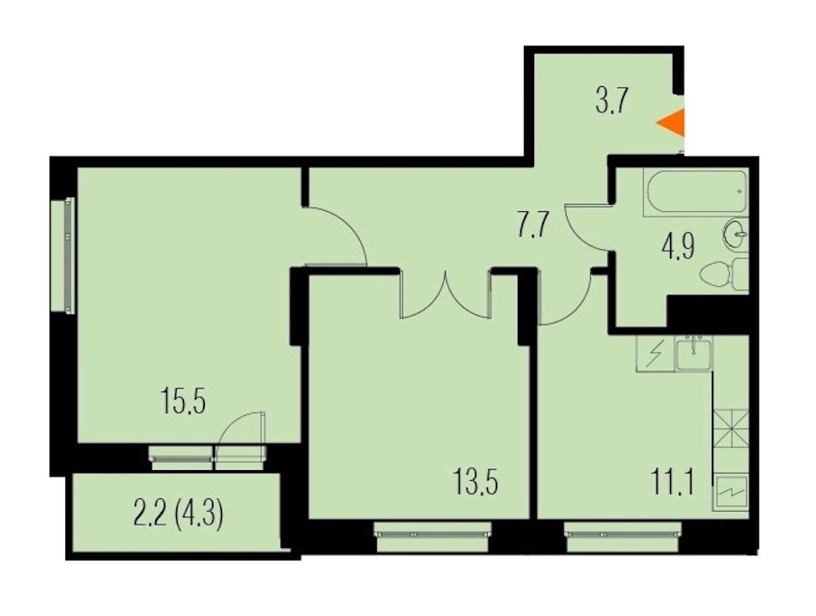 2-комнатная, 59 м² — ЖК ЖК Жемчужный Каскад