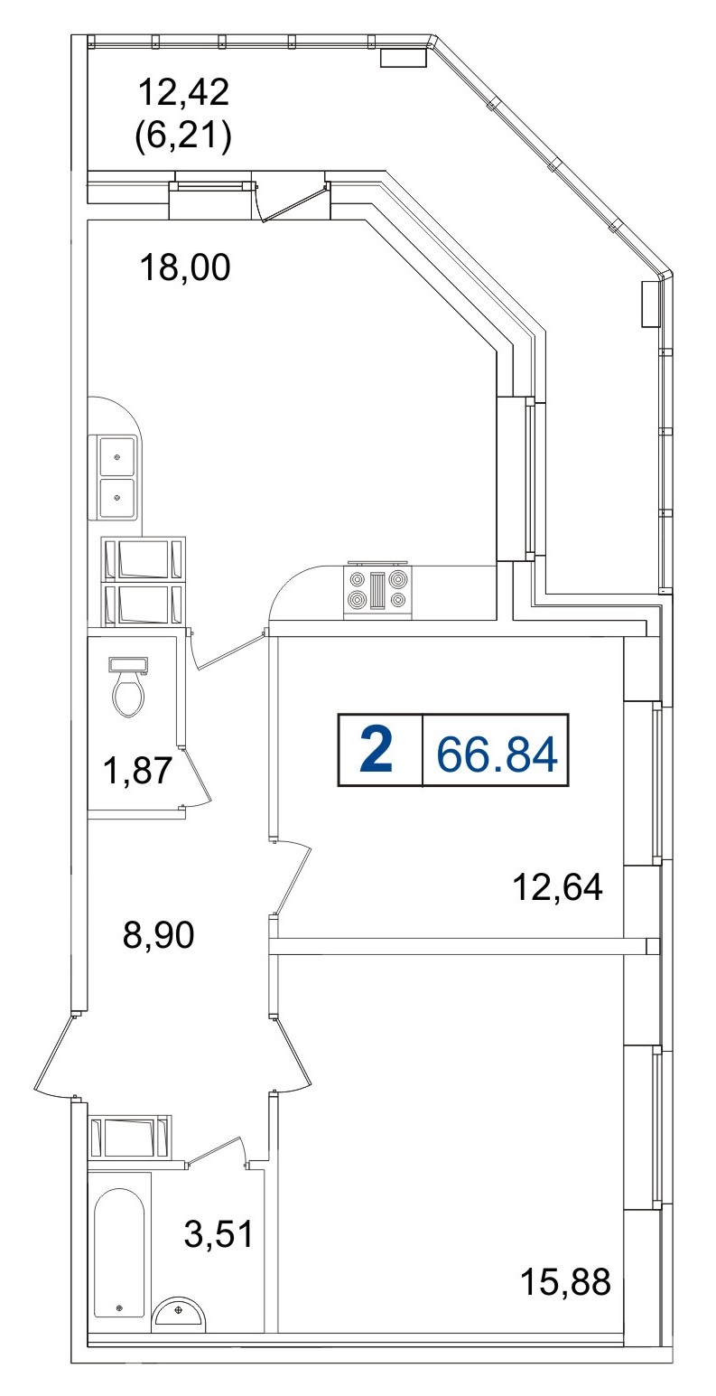 2-комнатная, 67 м² — ЖК ЖК Пулковский