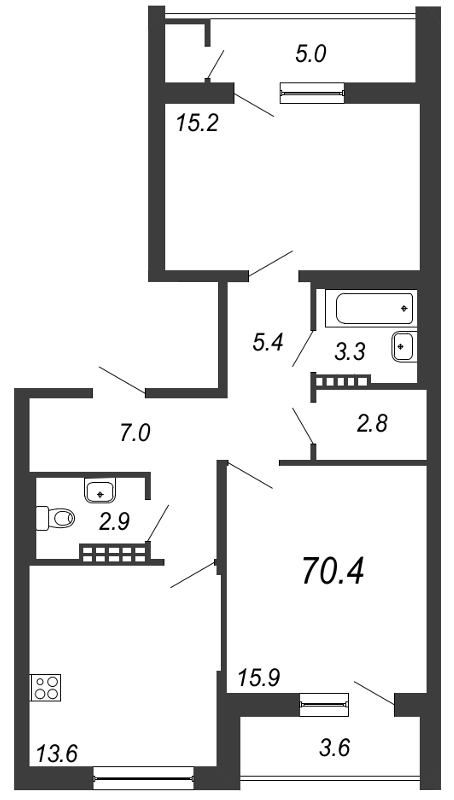 2-комнатная, 70 м² — ЖК ЖК Жемчужный берег
