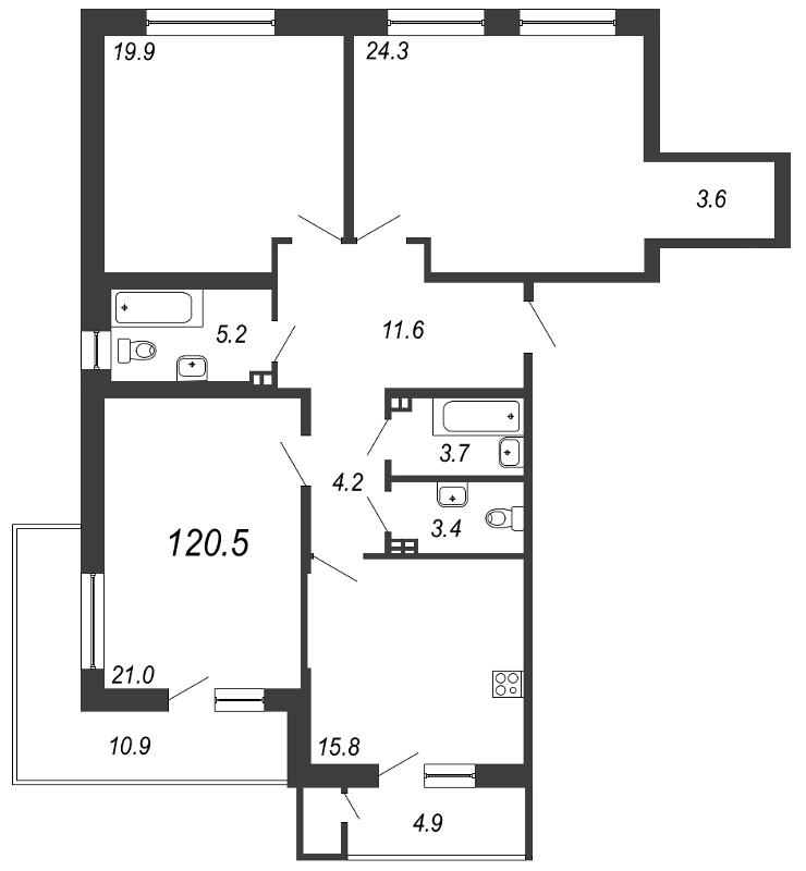 3-комнатная, 121 м² — ЖК ЖК Жемчужный берег