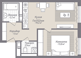 1-комнатная, 46 м² — ЖК ЖК Коллонтай, 2