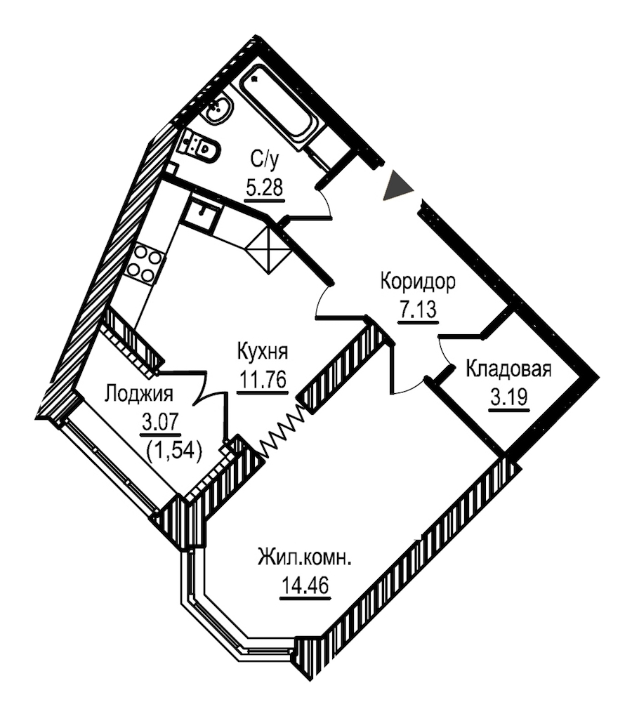 1-комнатная, 43 м² — ЖК ЖК Новое Купчино