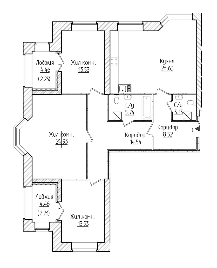 3-комнатная, 117 м² — ЖК ЖК Новое Купчино