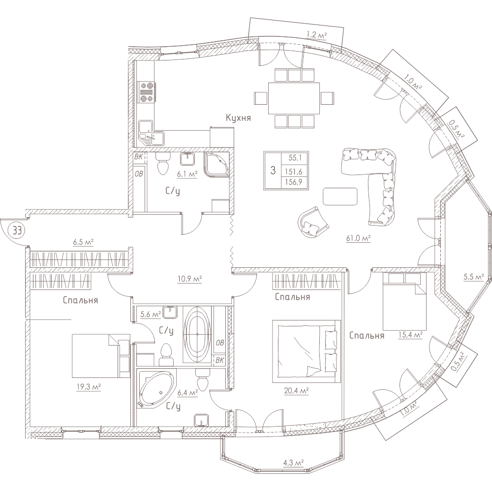 3-комнатная, 157 м² — ЖК ЖК Barcelona (Барселона)