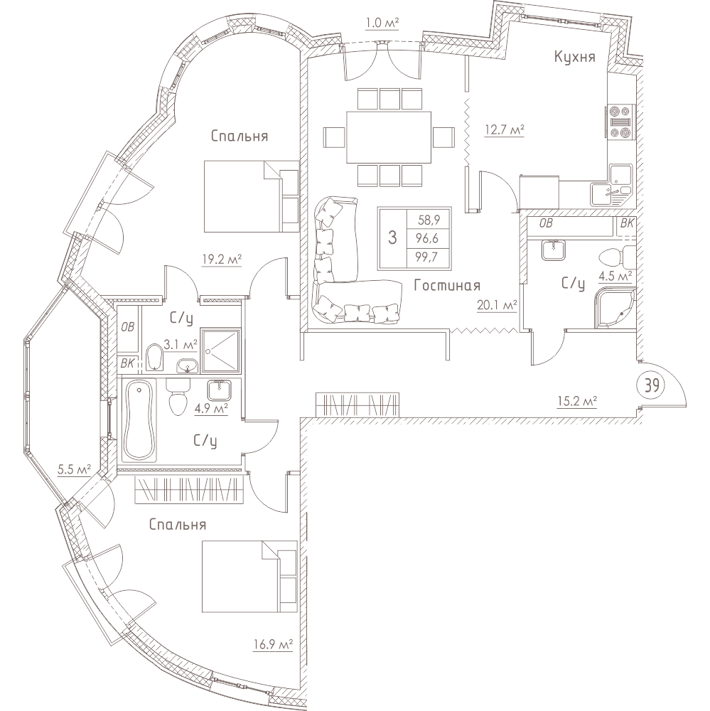 3-комнатная, 100 м² — ЖК ЖК Barcelona (Барселона)