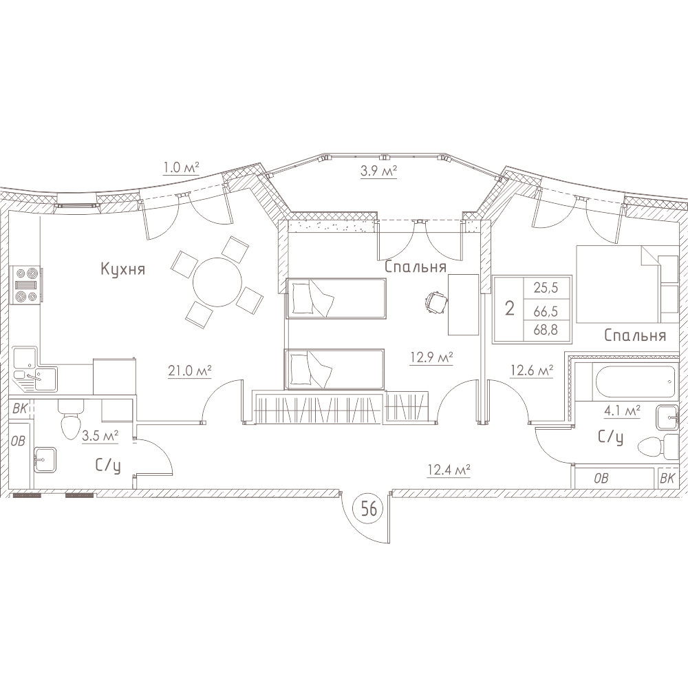 2-комнатная, 69 м² — ЖК ЖК Barcelona (Барселона)