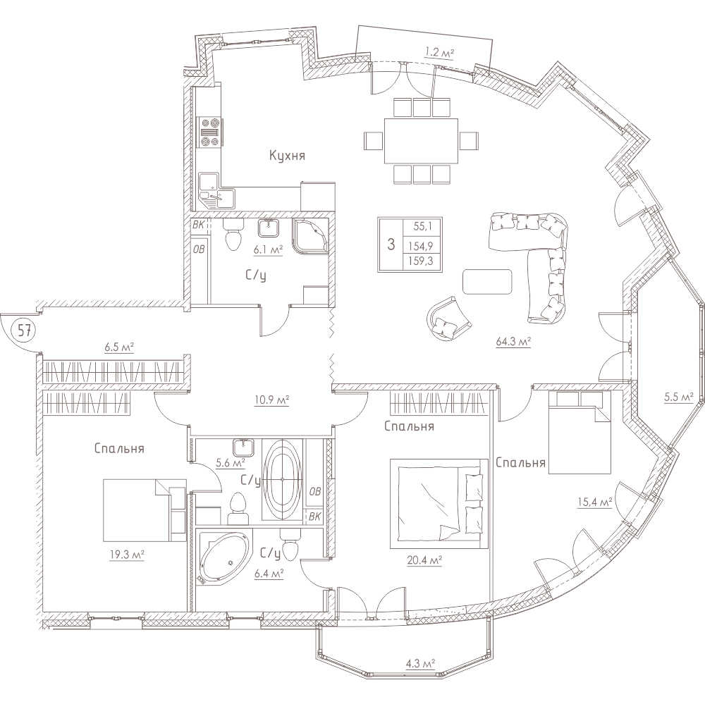 3-комнатная, 159 м² — ЖК ЖК Barcelona (Барселона)