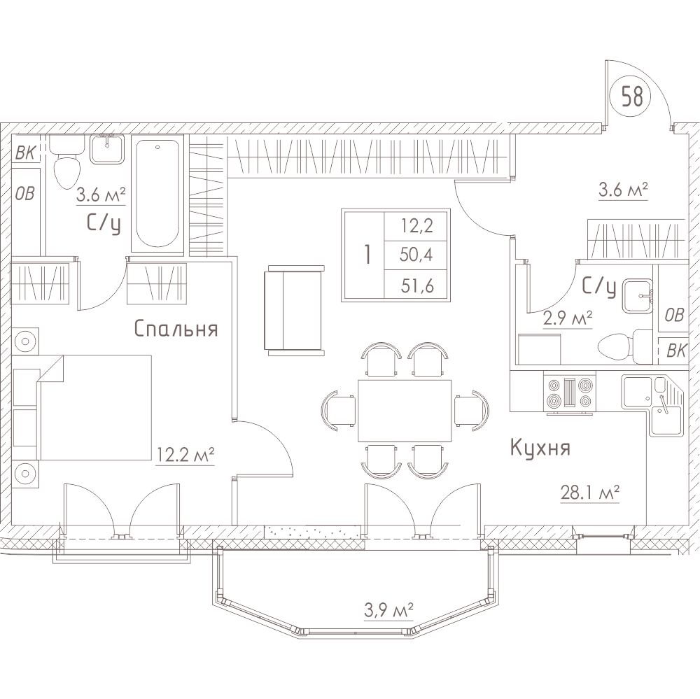1-комнатная, 52 м² — ЖК ЖК Barcelona (Барселона)