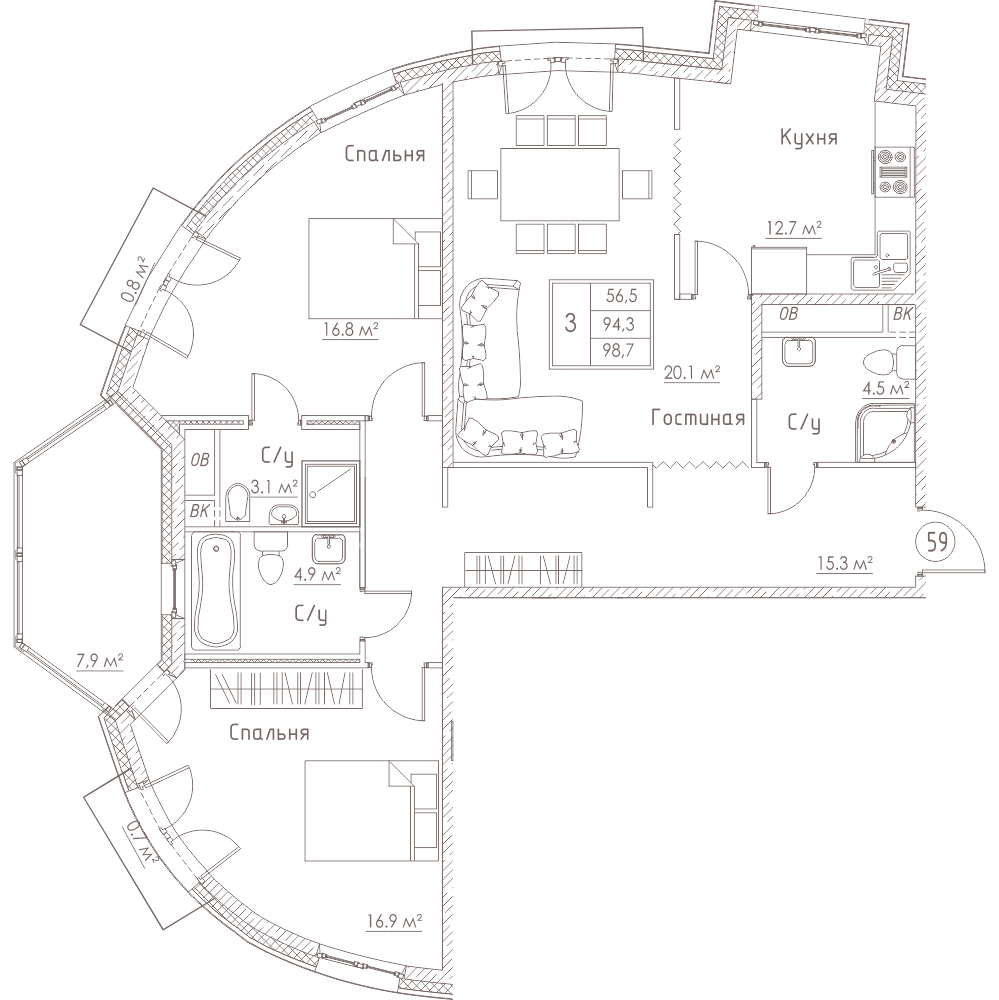 3-комнатная, 99 м² — ЖК ЖК Barcelona (Барселона)