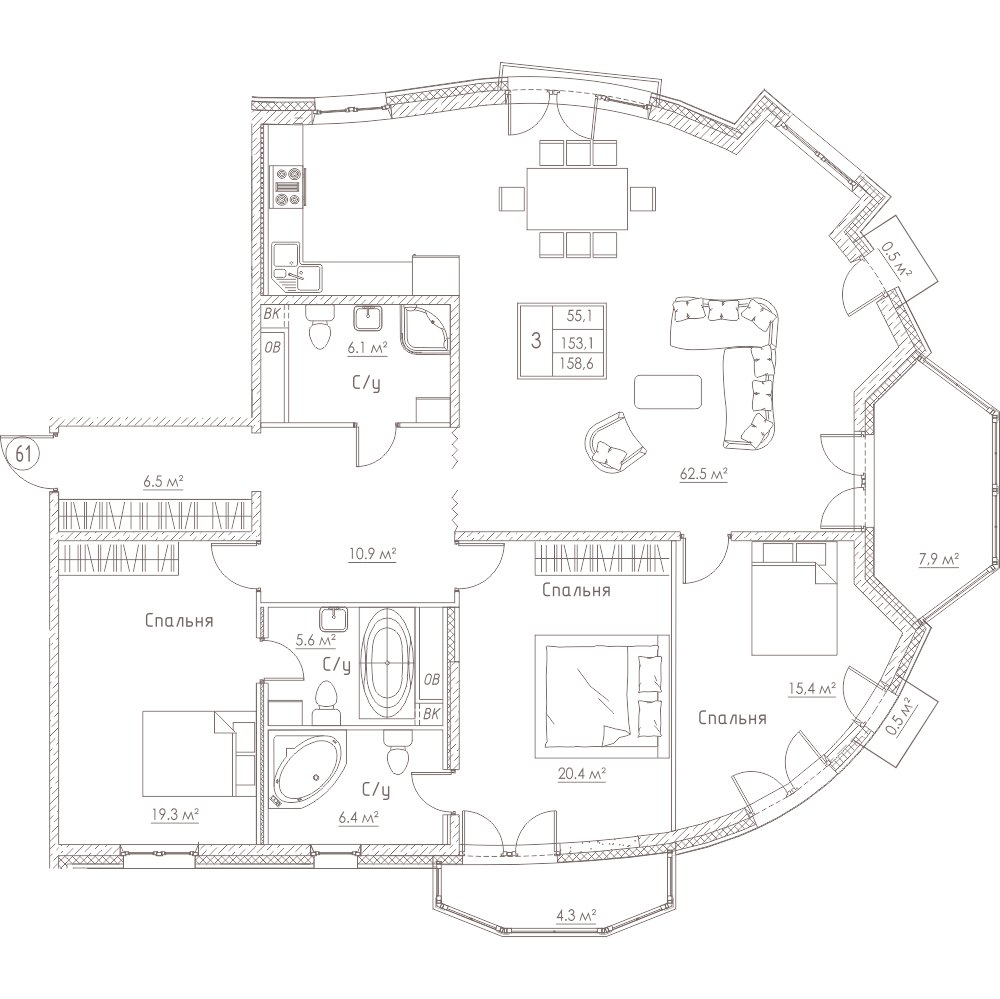 3-комнатная, 159 м² — ЖК ЖК Barcelona (Барселона)