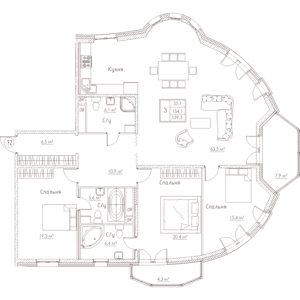 3-комнатная, 159 м² — ЖК ЖК Barcelona (Барселона)