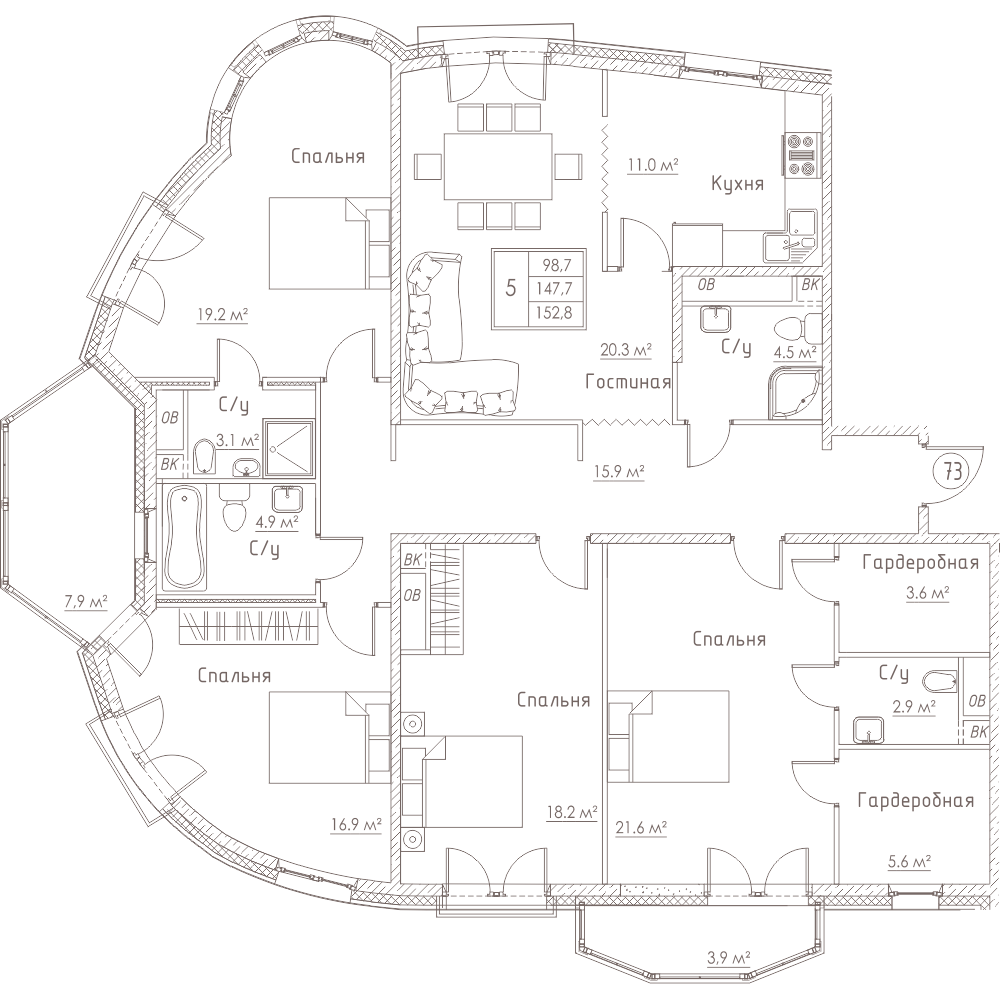 5-комнатная, 153 м² — ЖК ЖК Barcelona (Барселона)