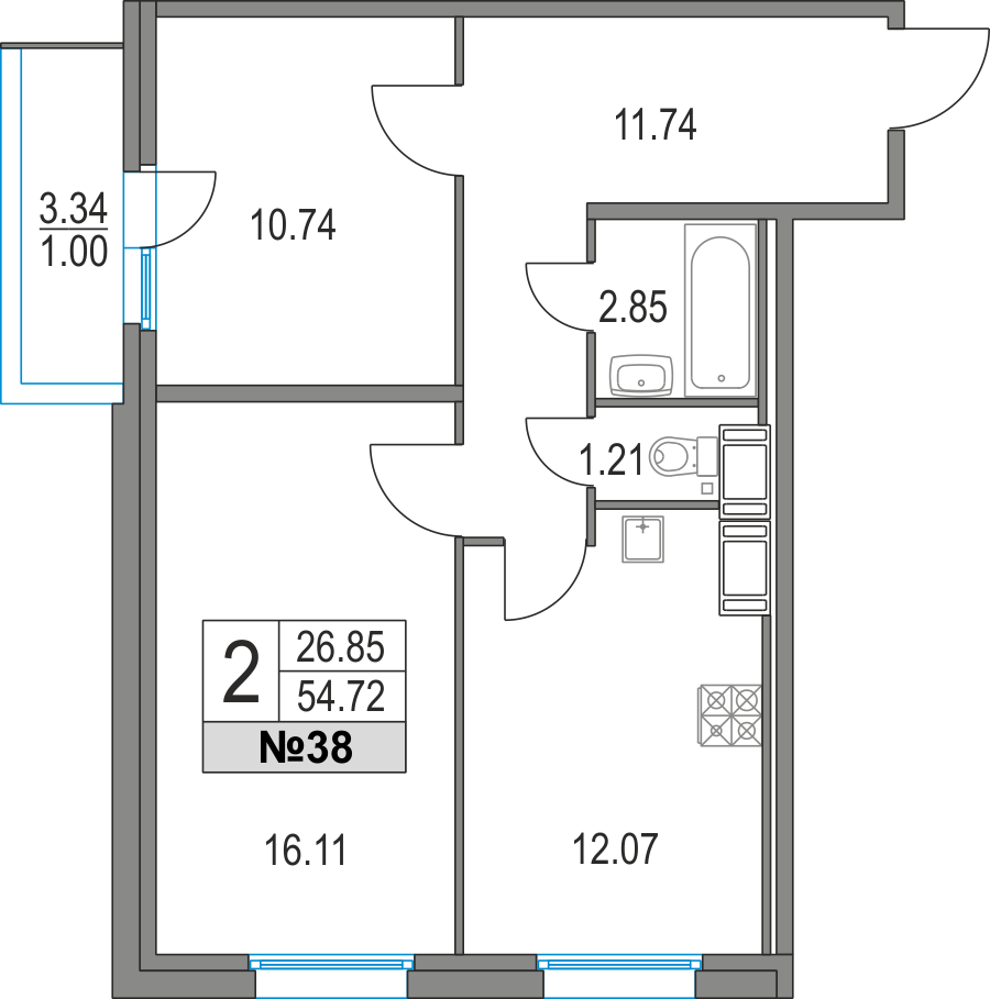 2-комнатная, 55 м² — ЖК ЖК Приморский квартал