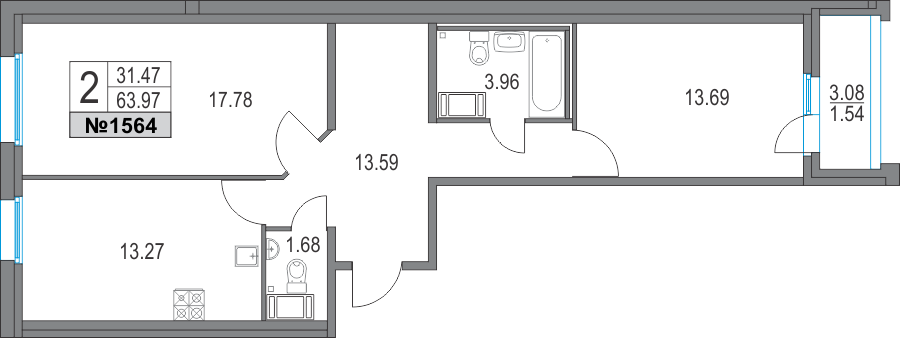 2-комнатная, 64 м² — ЖК ЖК Приморский квартал