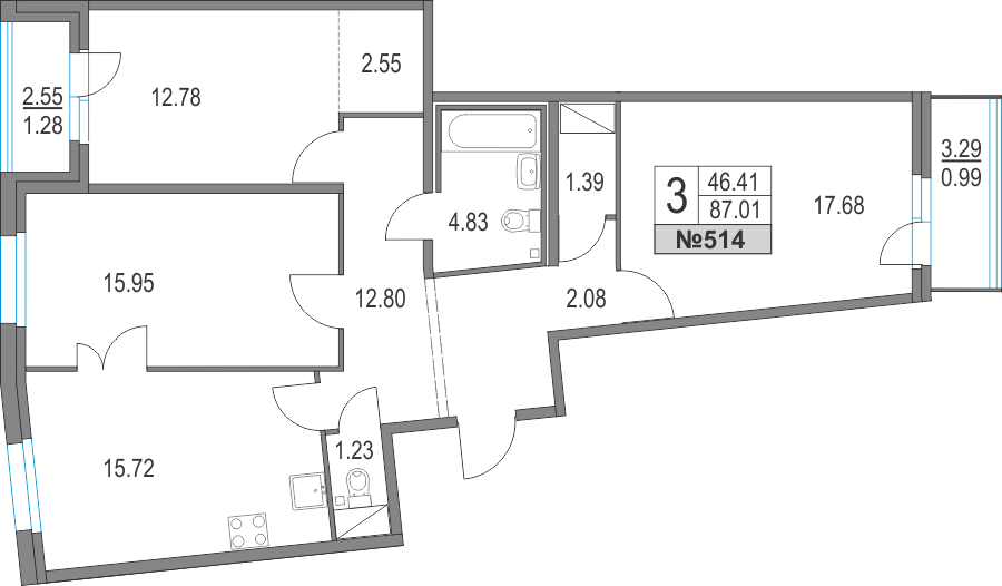 3-комнатная, 87 м² — ЖК ЖК Приморский квартал