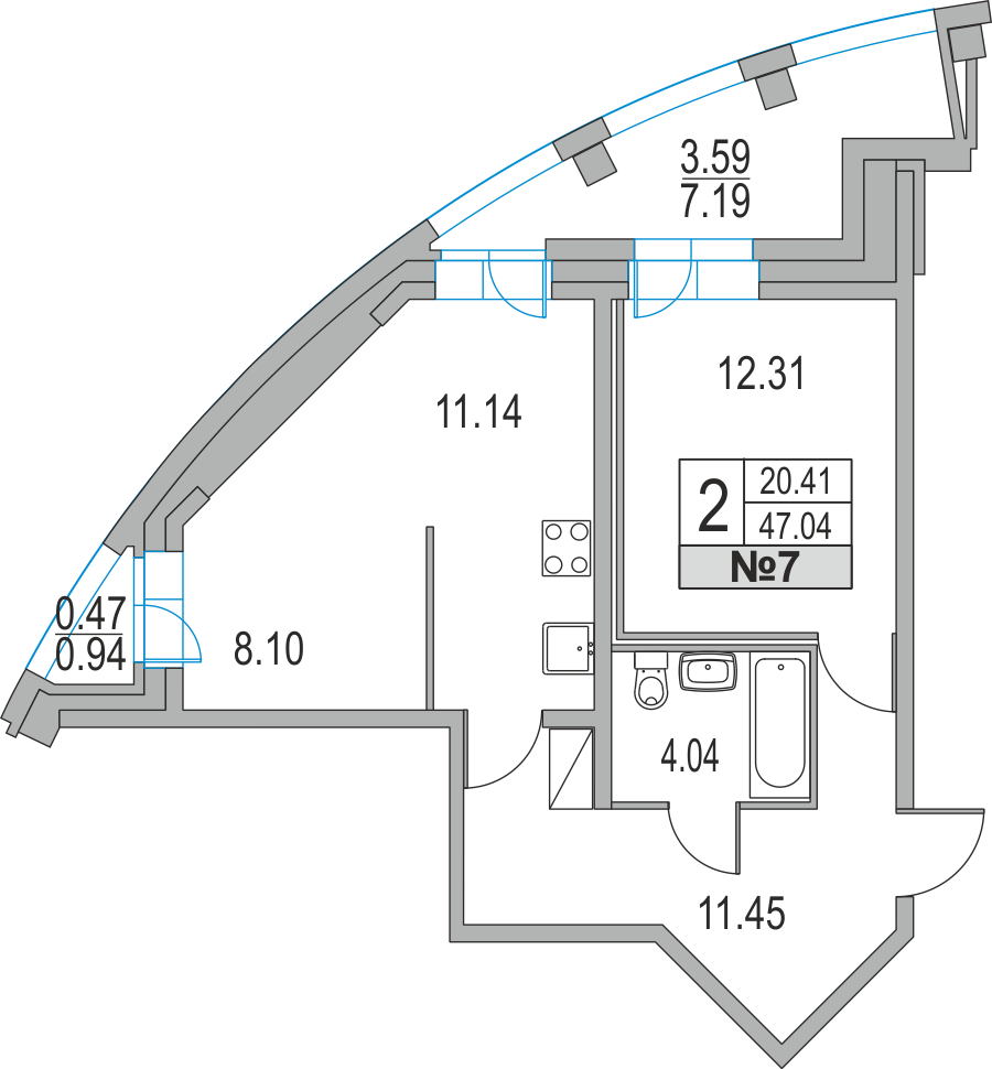 2-комнатная, 47 м² — ЖК ЖК Приморский квартал