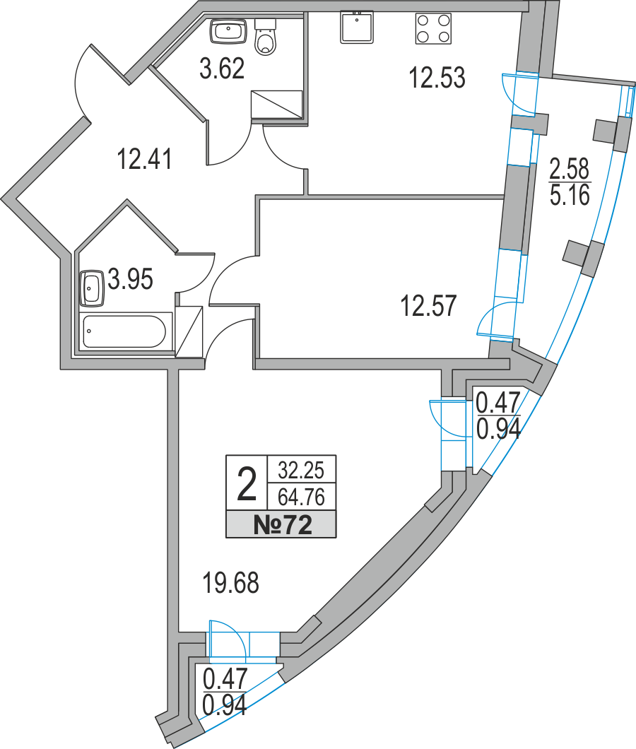 2-комнатная, 65 м² — ЖК ЖК Приморский квартал