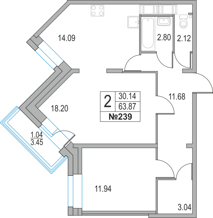2-комнатная, 64 м² — ЖК ЖК Приморский квартал