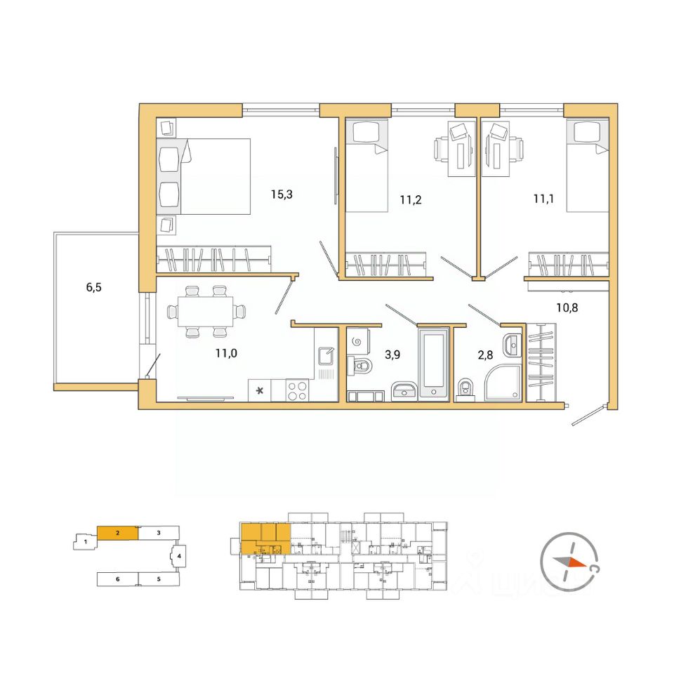 3-комнатная, 72.12 м² — ЖК ЖК Юттери
