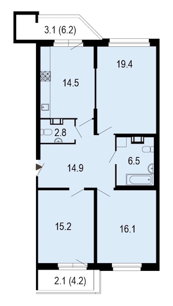 3-комнатная, 95 м² — ЖК ЖК Жемчужный берег
