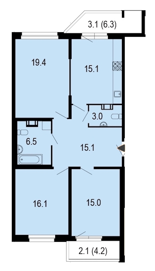 3-комнатная, 96 м² — ЖК ЖК Жемчужный берег