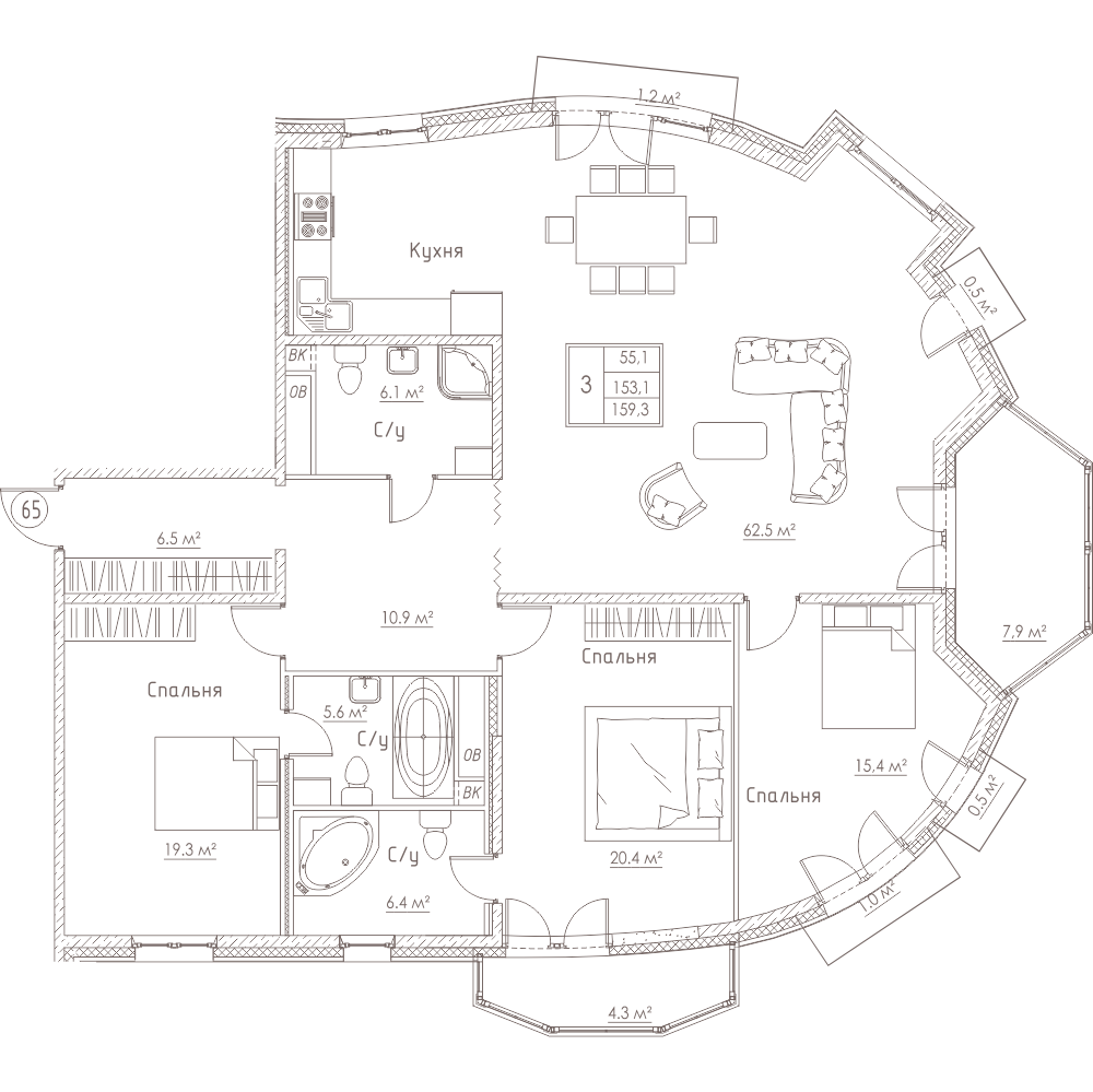 3-комнатная, 159 м² — ЖК ЖК Barcelona (Барселона)