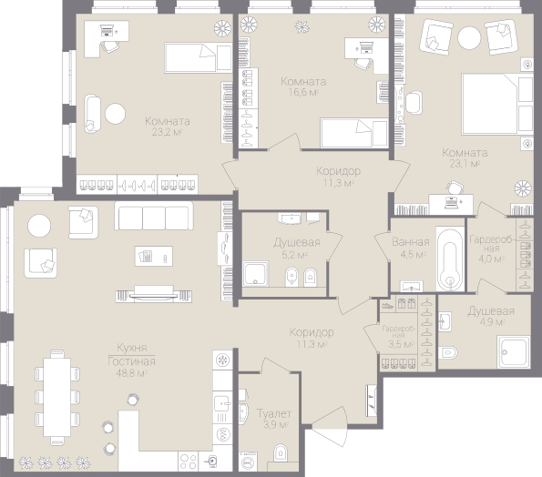 3-комнатная, 160 м² — ЖК Дом на улице Нижне-Каменская