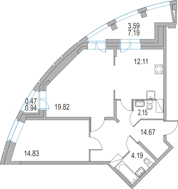 2-комнатная, 68 м² — ЖК ЖК Приморский квартал