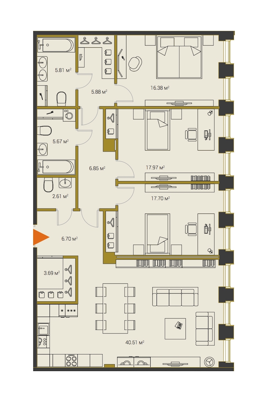 3-комнатная, 130 м² — ЖК ЖК Legenda Институтский (Институтский, 16)