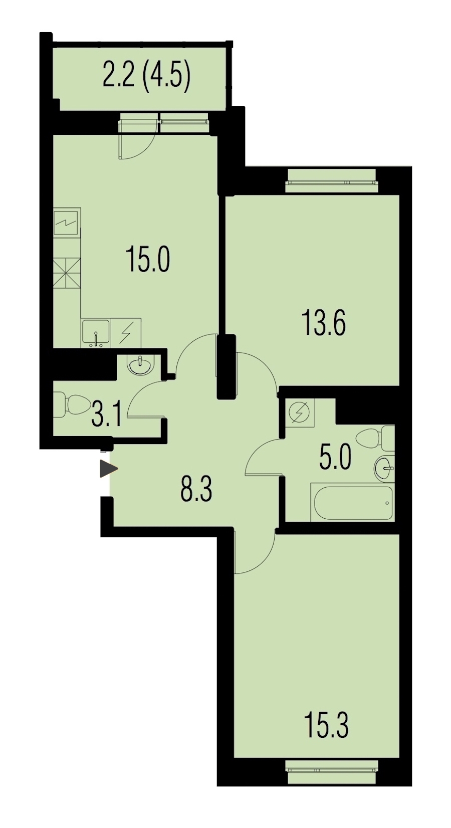 2-комнатная, 60 м² — ЖК ЖК Жемчужный Каскад