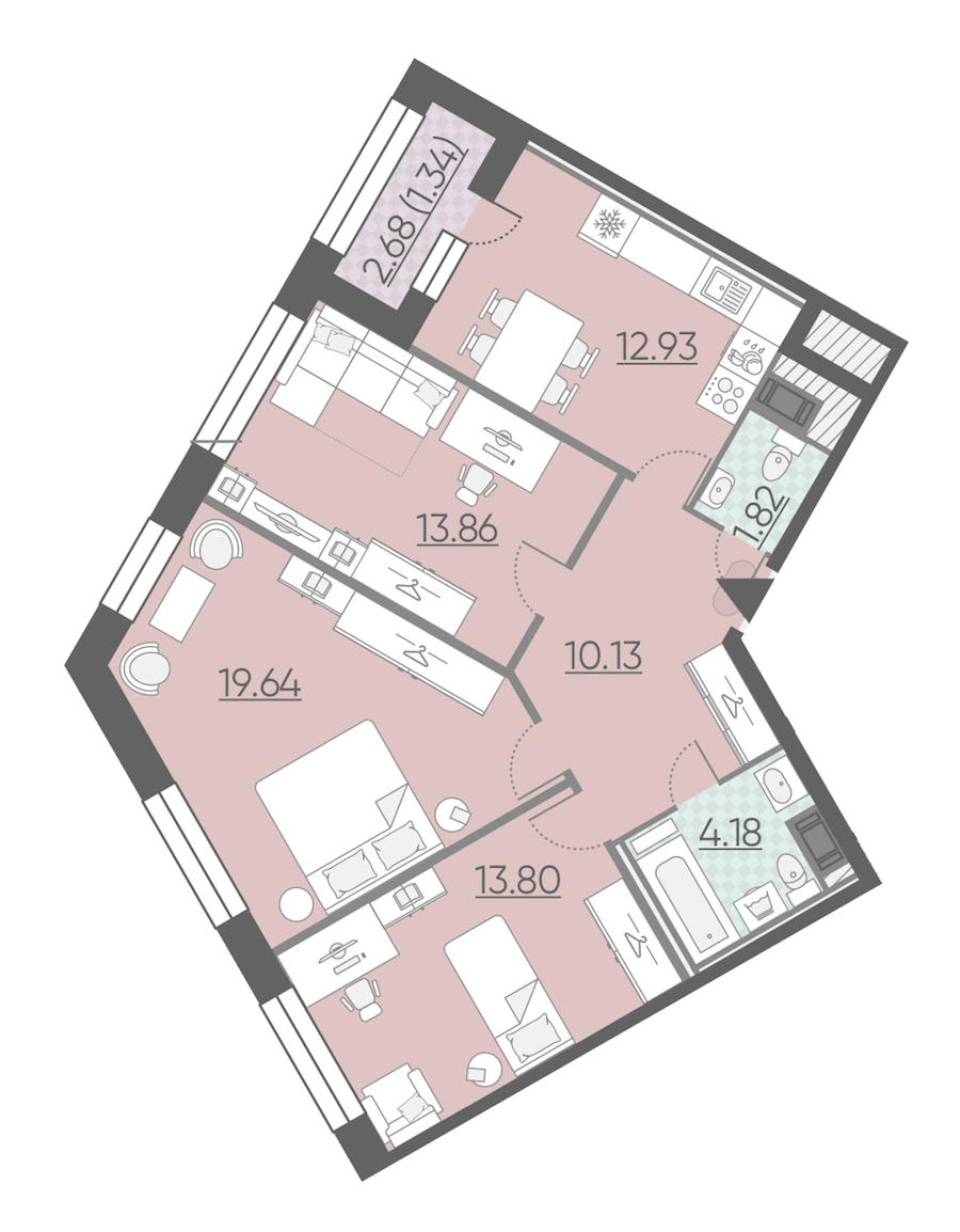 3-комнатная, 78 м² — ЖК ЖК Riviere Noire (Ривьер Нуар)
