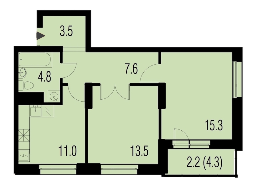 2-комнатная, 57 м² — ЖК ЖК Жемчужный Каскад