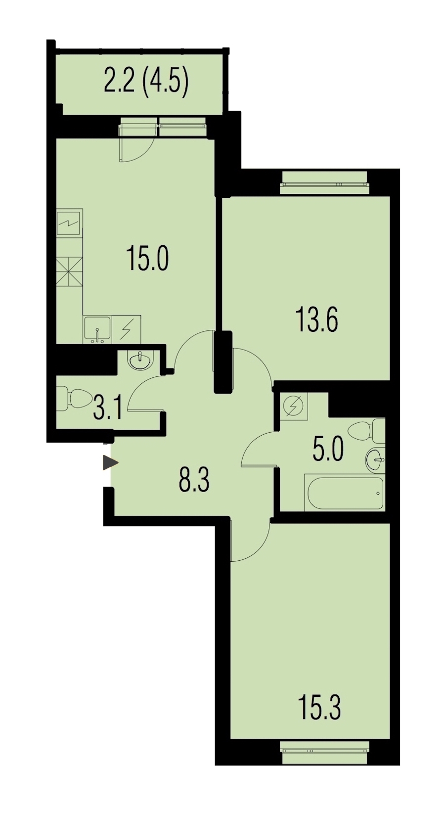 2-комнатная, 62 м² — ЖК ЖК Жемчужный Каскад