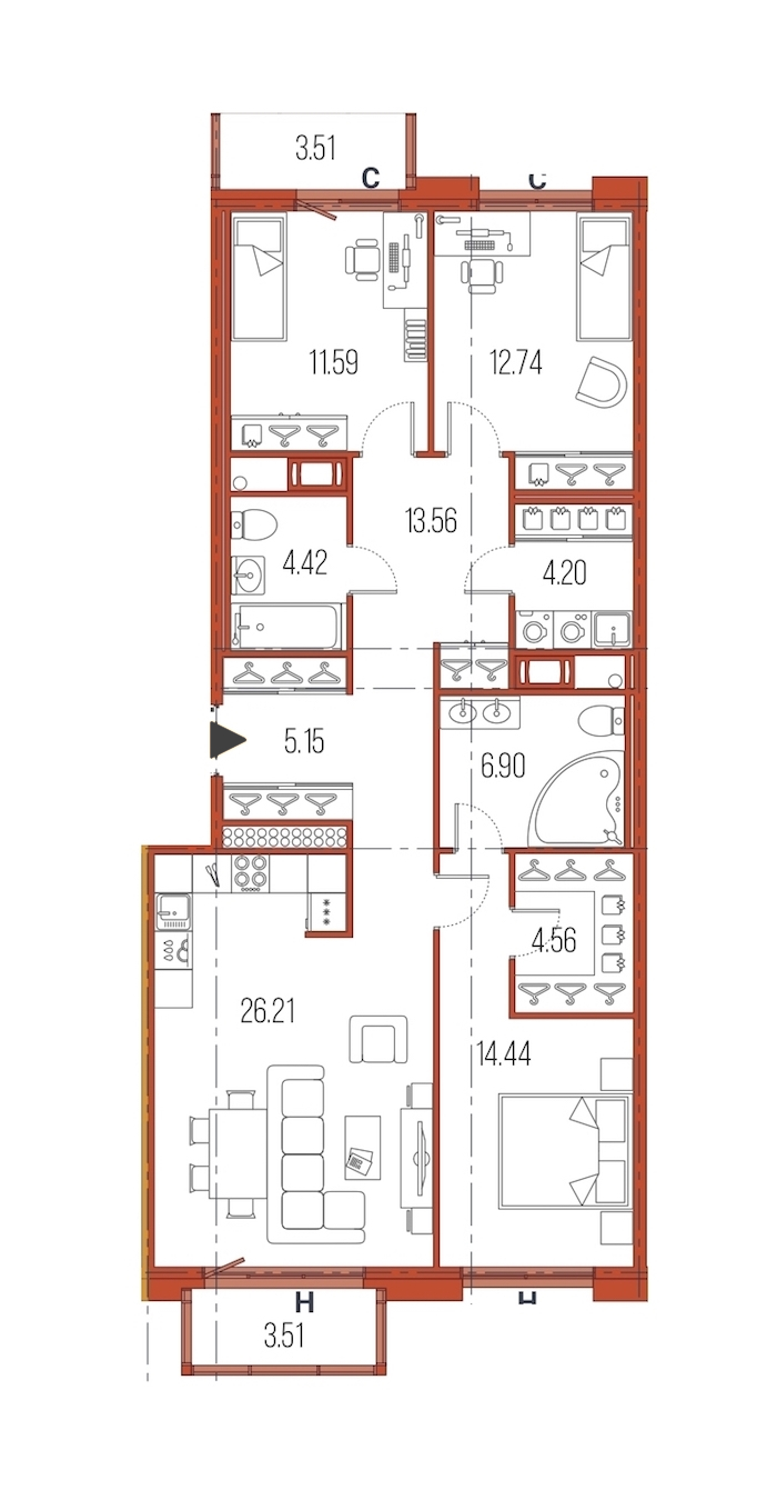 3-комнатная, 104 м² — ЖК ЖК Legenda Героев