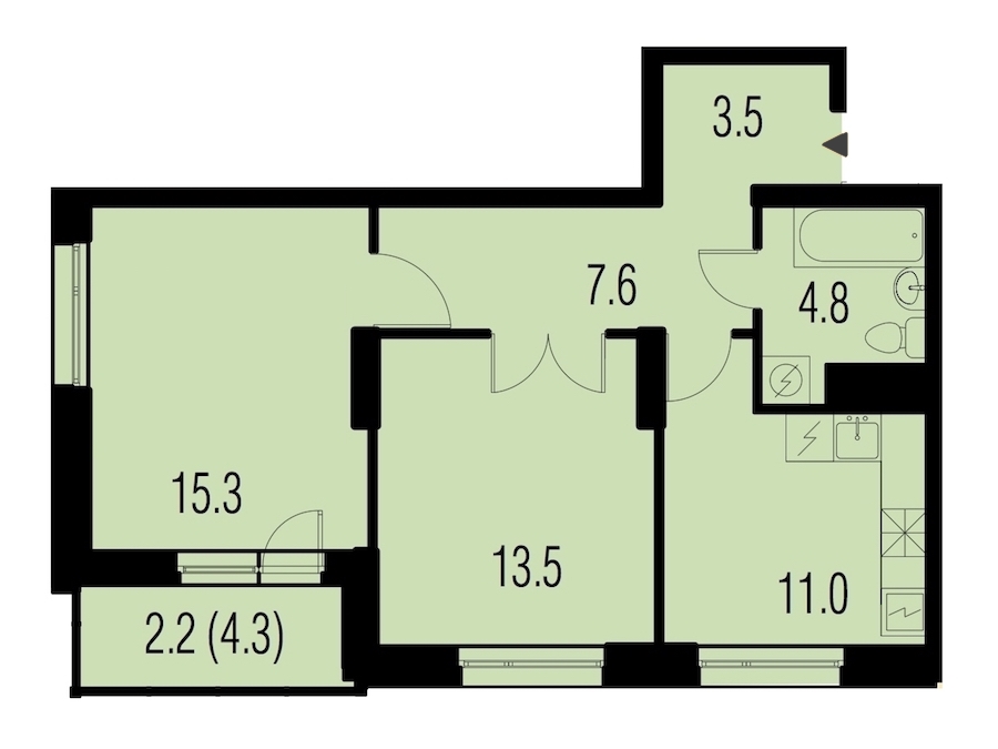 2-комнатная, 58 м² — ЖК ЖК Жемчужный Каскад
