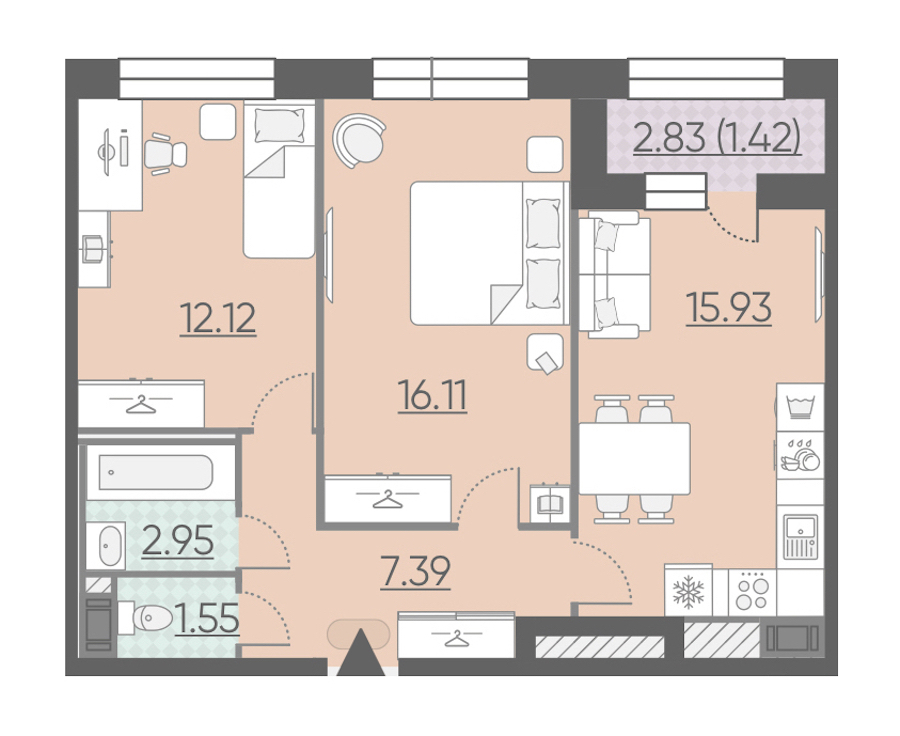 2-комнатная, 57 м² — ЖК ЖК Riviere Noire (Ривьер Нуар)