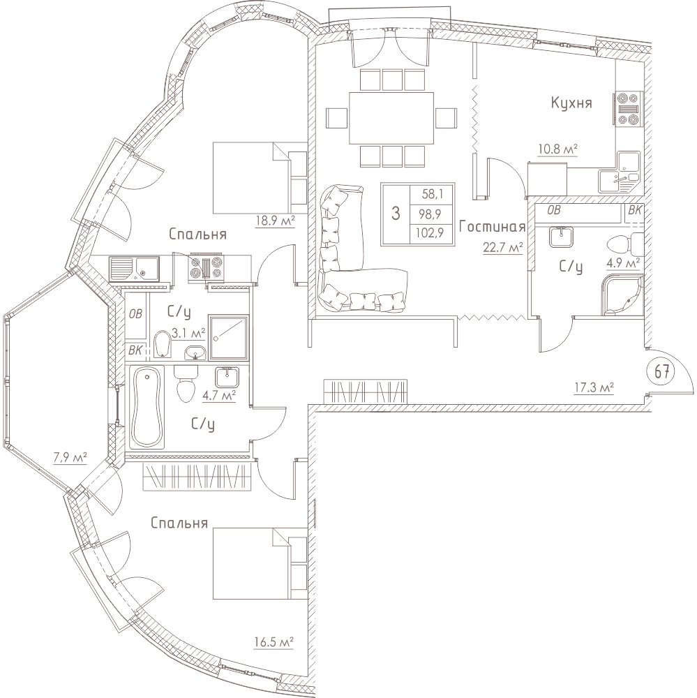 3-комнатная, 103 м² — ЖК ЖК Barcelona (Барселона)