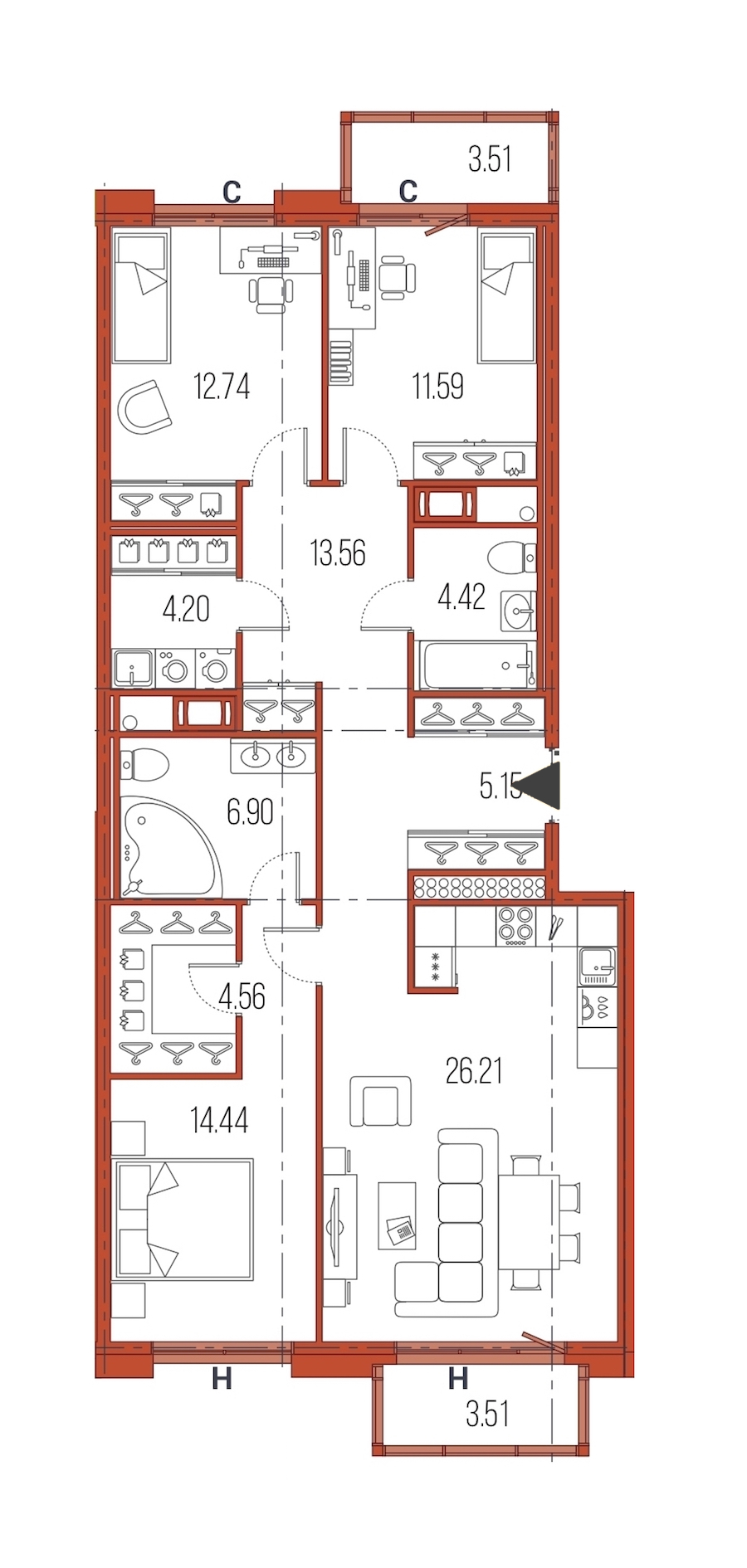 3-комнатная, 104 м² — ЖК ЖК Legenda Героев